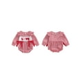 thumbnail image 2 of BemeyourBBs Newborn Baby Girl Valentines Day Outfit Gingham Plaid Bubbel Rompers Puff Long Sleeve Letters Embroidery Bow Decor Bubble Bodysuit Infant Spring Clothes, 2 of 9