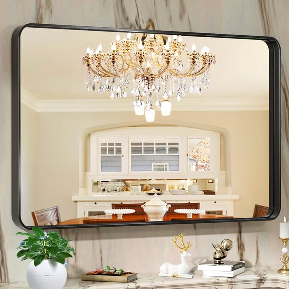 Modern Black Metal Framed Full Length Wall Mirror – Rectangular with Rounded Corners – Vertical or Horizontal Mount – Ideal for Entryway, Bathroom, or Living Room – Size: 55*30 inches