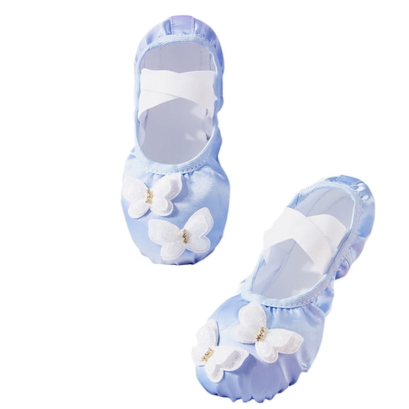 DMDUOU Butterfly Ballet Shoes for Girls Ballerina Flats for Kids Dance - Soft Satin, Split Sole Blue 29