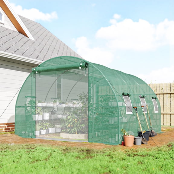 Outsunny Walk-in Tunnel Greenhouse with Shelves, Hoop House Greenhouse with Mesh Door, Green