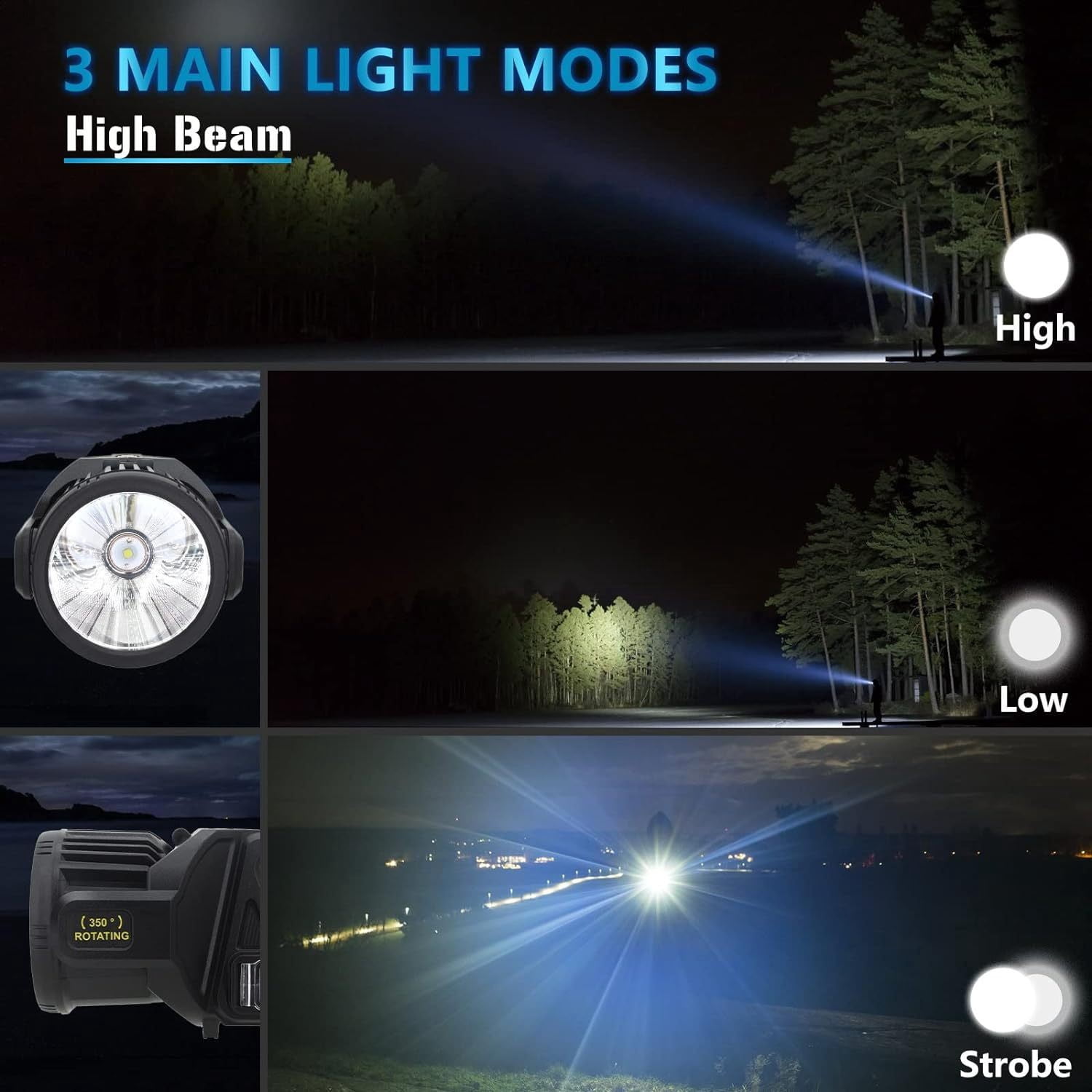 OUOYYO Rechargeable Bright Flashlight 350° Rotating Solar Charging Searchlight Outdoor Waterproof High Power Camping Lantern Portable Emergency Work Lights