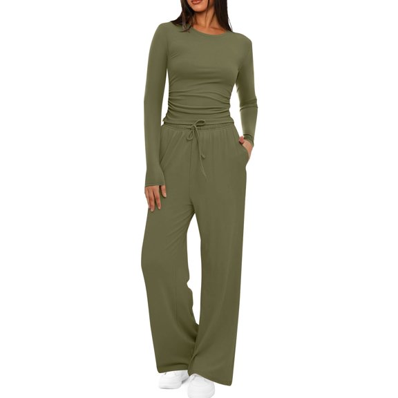 Women's Fall Two Piece Outfits Long Sleeve Tops Tee Shirts Wide Leg Pants Sets, Casual and Trendy Ensemble for Autumn Seasons,Army Green,L