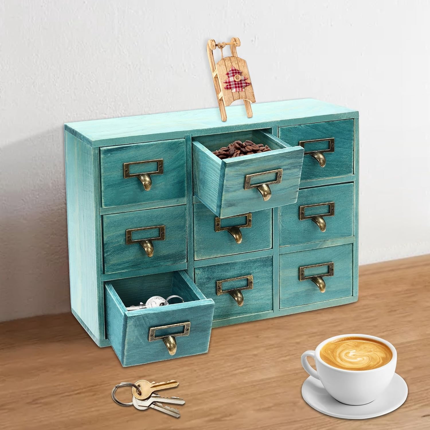 Library Card Catalog Cabinet Card Catalog Drawer Box Apothecary Cabinet with 9 Drawers-Storage Cabinet Wood Desk Organizer, Craft Cabinet for Medicine, Jewelry, Crafts, Makeup (Blue )