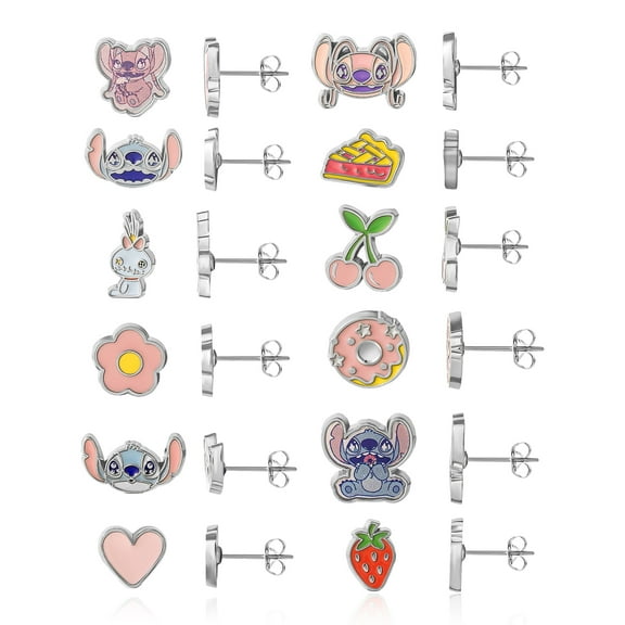 Disney Lilo and Stitch Earrings for Women, Stud Earrings for Women, Official License 12 Disney Earrings Pack, Fashion Enamel
