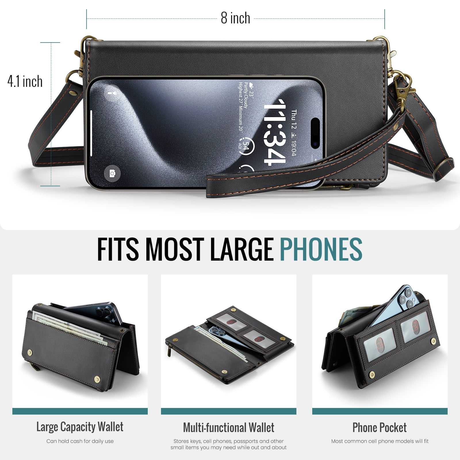 ELEHOLD Phone Bag Wallets for Women Girls,Luxury PU Leather Wallet Bag Crossbody Handbag with Phone Pocket Zipper Pocket Large Capacity Credit Card Holders Wriststrap Shoulder Strap,Black