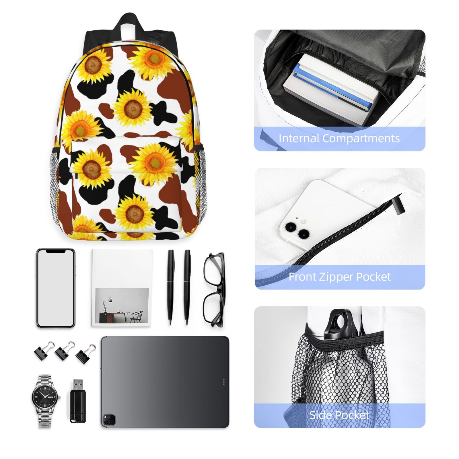 Rateoe Cow Print Sunflower Pattern Student Backpack Water-resistant Backpack 15-inch Laptop Backpack Lightweight Adjustable School Backpack