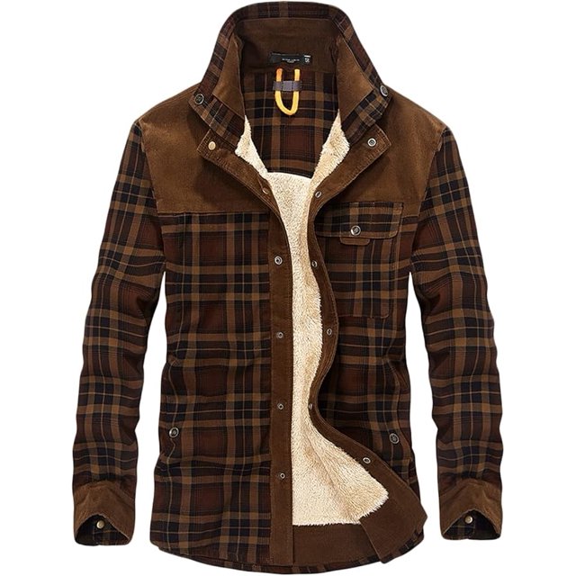 Chaqueta informal de franela a cuadros con botones y forro polar cálido para exteriores para hombre con bolsillos laterales