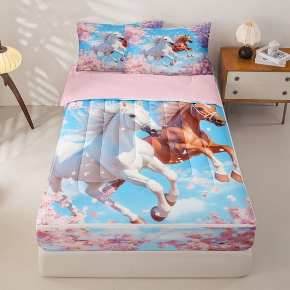 Homewish 3D Horses Zipper Full Size Comforter Sets with Fitted Sheet and 2 Pillowcases for Girls, Pink Cherry Blossoms Zipper Bedding Set, Pink Reversible, 4 Pieces