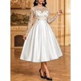 thumbnail image 6 of Women White-2 Elegant Long Sleeve Midi Dress, Gold Floral Embroidered Mesh, 6 of 8