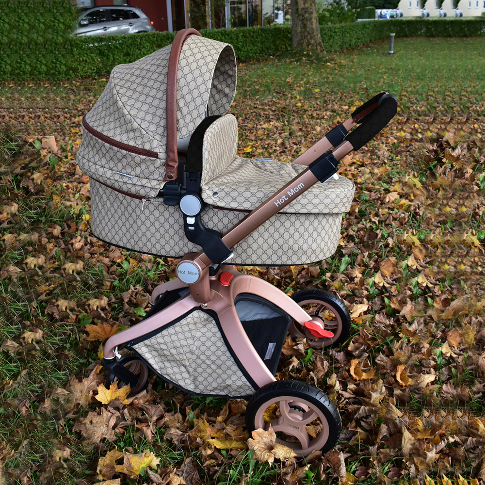 Hot Mom Baby Stroller Reversible Luxury PU Leather Pram,Grid