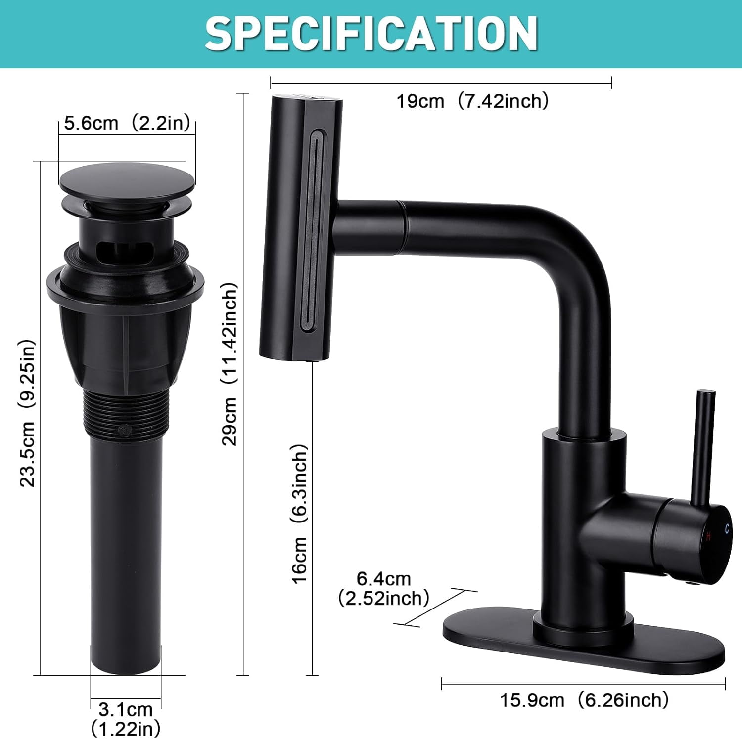 Bathroom Sink Faucet with 4 Mode Pull Down Sprayer, Matte Black Single Handle Pull Out Faucet with Pop-Up Drain, 1 or 3 Hole Laundry Bar Basin Faucet with Deck Plate