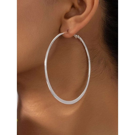 Silver Large Flat Hoop Earrings For Women Fashion Jewelry