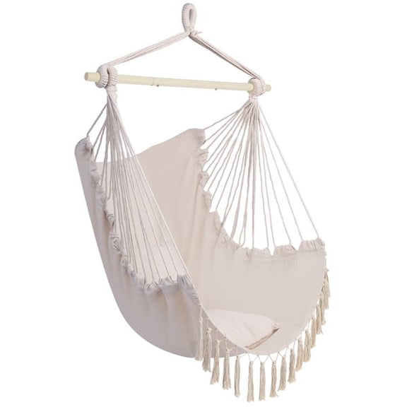 Beige Hanging Hammock Chair with Pillow and Tassels, Portable Terylene Swing Seat for Indoor Outdoor Use, Heavy Duty Hanging Chair for Patio, Backyard, Garden, Camping, Balcony, Relaxation