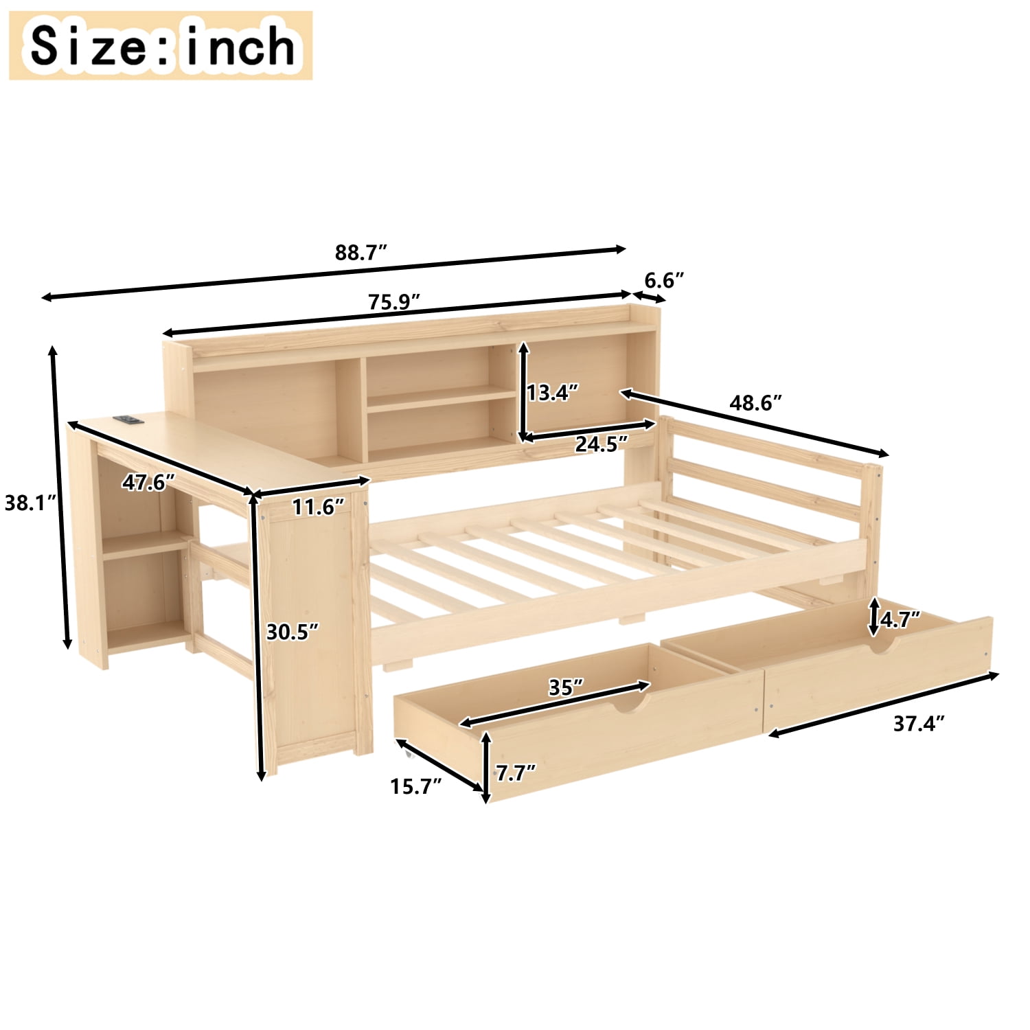 Leumius Twin Size Corner Bed with Desk and Storage Bookcase,Modern Daybed with 2 Drawers,Twin Size Wood Bed Frame with Charging Station,Natural