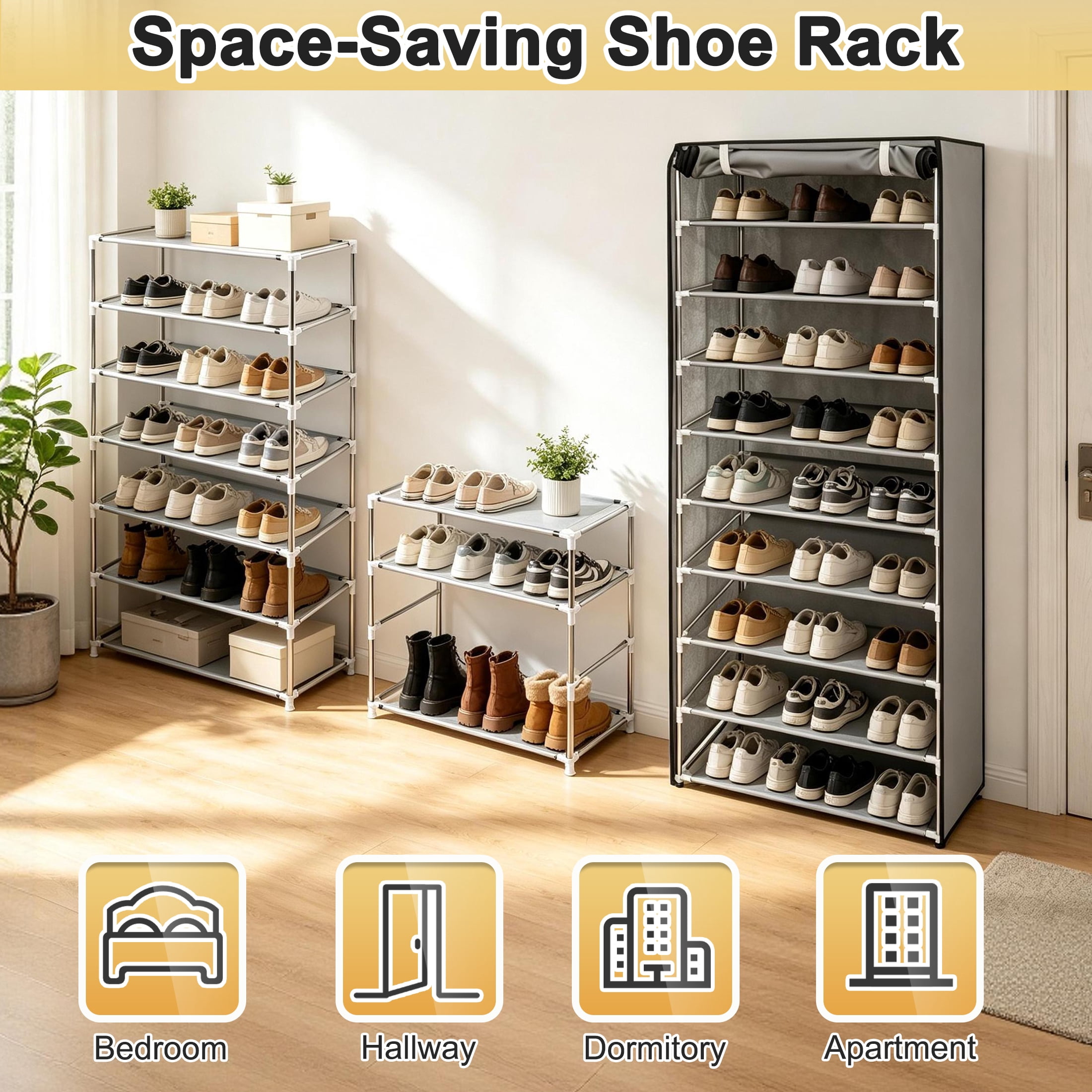 10 Tier Shoe Rack with Dustproof Cover, Tall Shoe Storage Organizer for 27 Pairs, Removable Shelves, Space-Saving Shoe Cabinet for Entryway Bedroom Closet, Grey