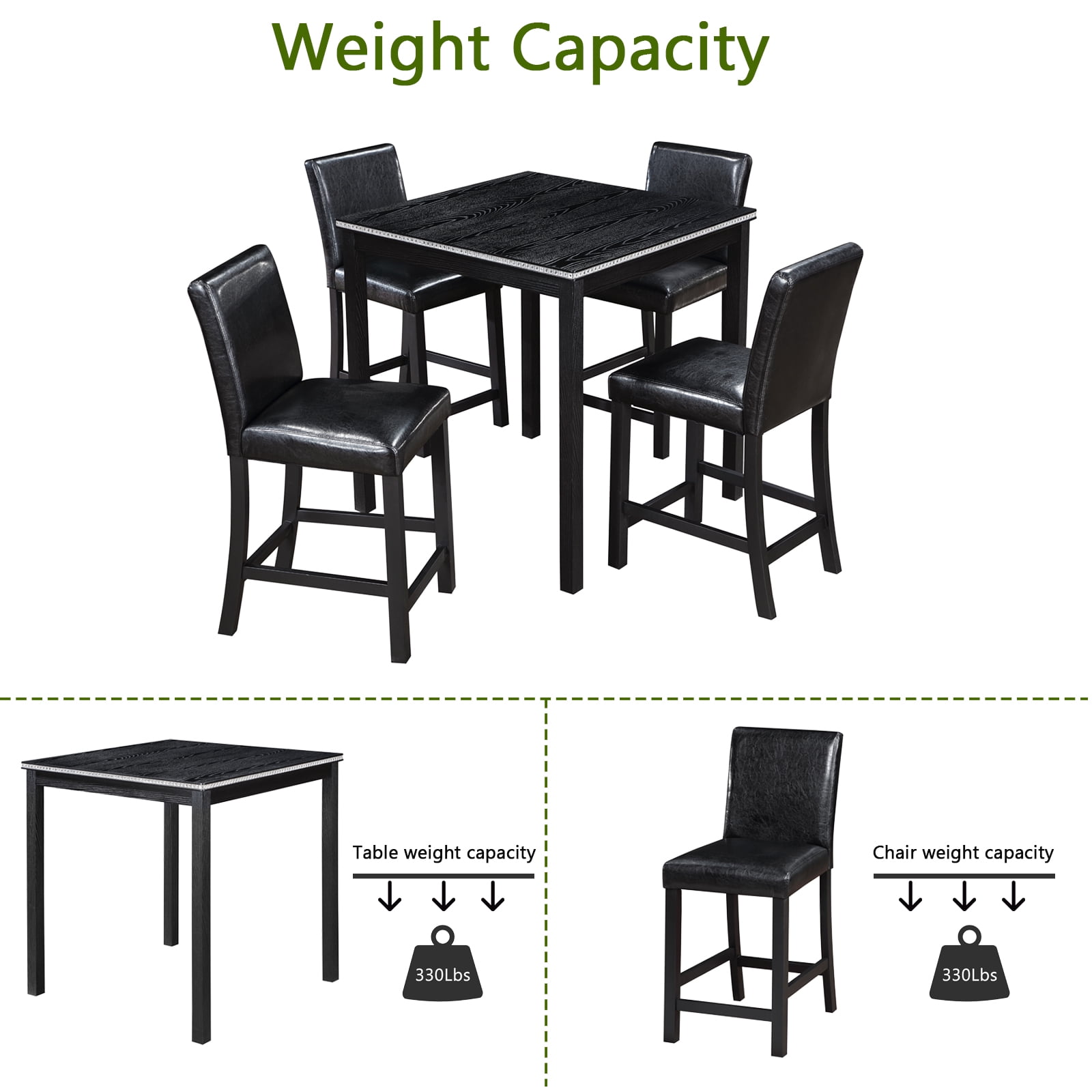 Gewnee Modern 5 Piece Dining Table Set,Counter Height Dining Table with Crystal Decoration and 4 PU Upholstered Chairs for Kitchen,Dining Room,Black