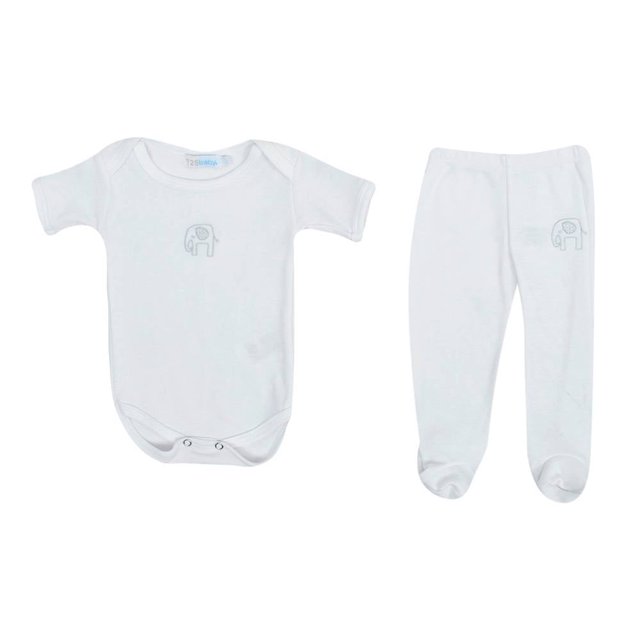 conjunto 725 originals talla 12 meses elefante blanco para bebé 2 piezas conjunto blanco de dos piezas: body de manga corta con broches en la entrepierna y bordado gris de elefante en el pecho; pantalón completo con piecitos y cintura elástica, tejido poliéster y algodón, sobre fondo neutro. Apto para salidas familiares y días cálidos.