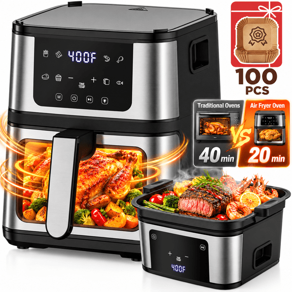 2-in-1 Air Fryer 7.5 QT Large Capacity Digital Hot Air Oven with Window & Light, Family Size Oil-Free Air Fryer with 8 Presets, Nonstick Easy Clean Basket, 100 Liners, Black