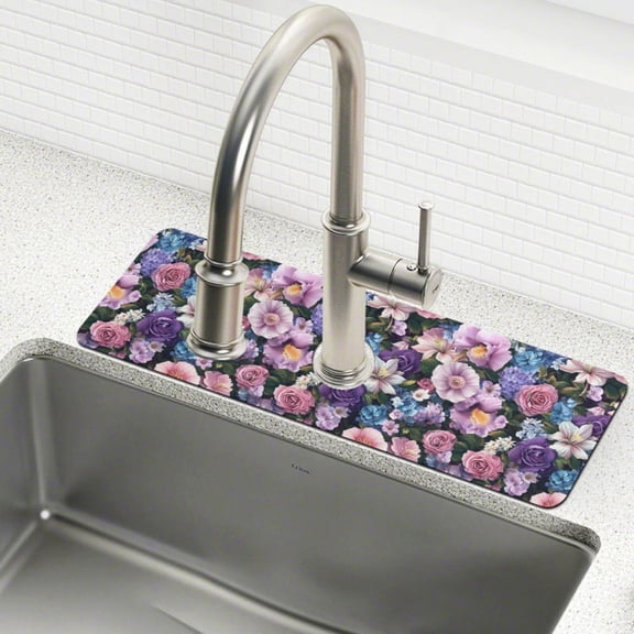 Yayeee Faucet Mat for Kitchen Sink 14.7" Diatomite Long Splash Guard Pad, Pink and Purple Flowers