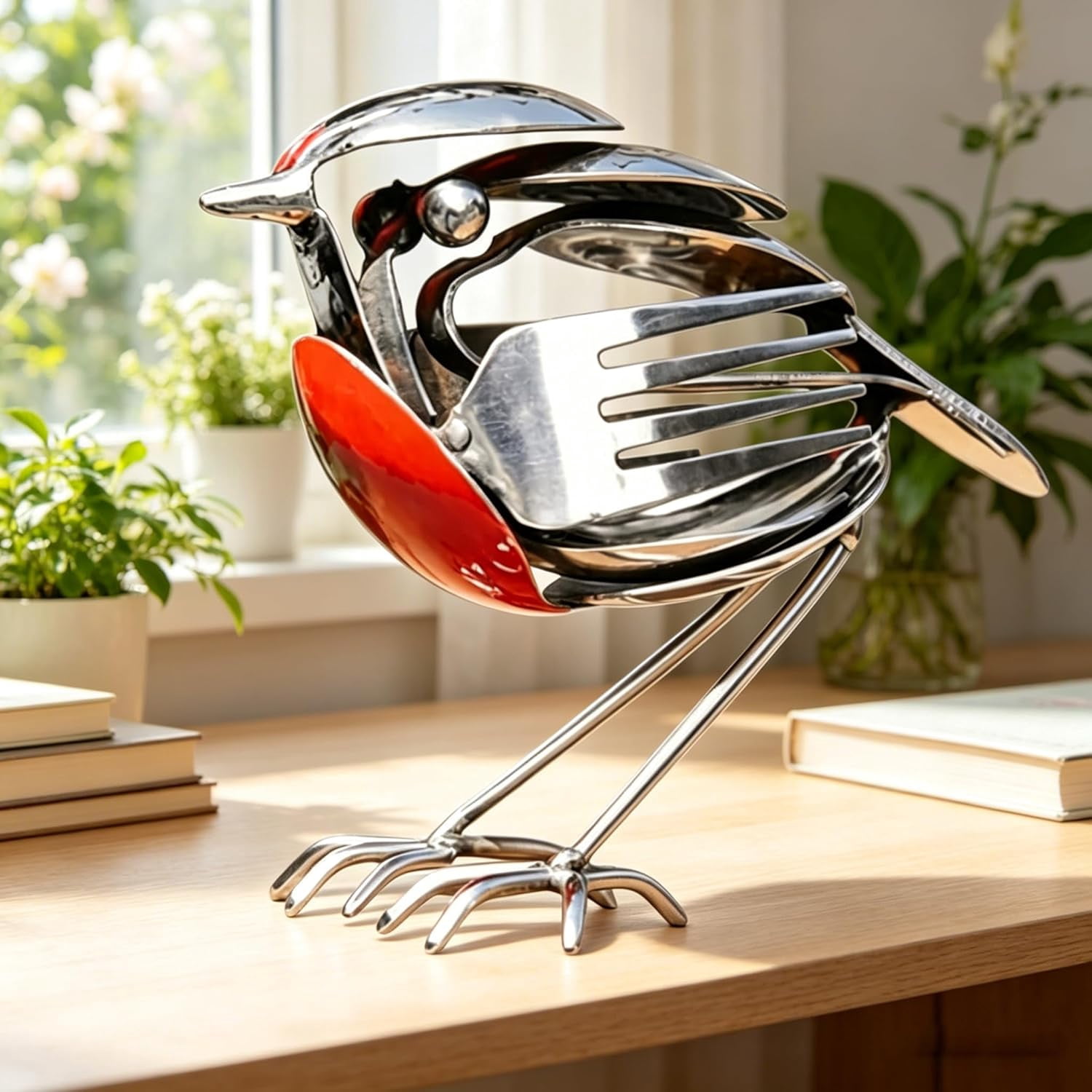 2Pcs Handmade Metal Robin Bird Garden Sculptures, Decorative Steel Animal Statues for Patio & Desk, Unique Recycled Art Gift for Bird Lovers (k)