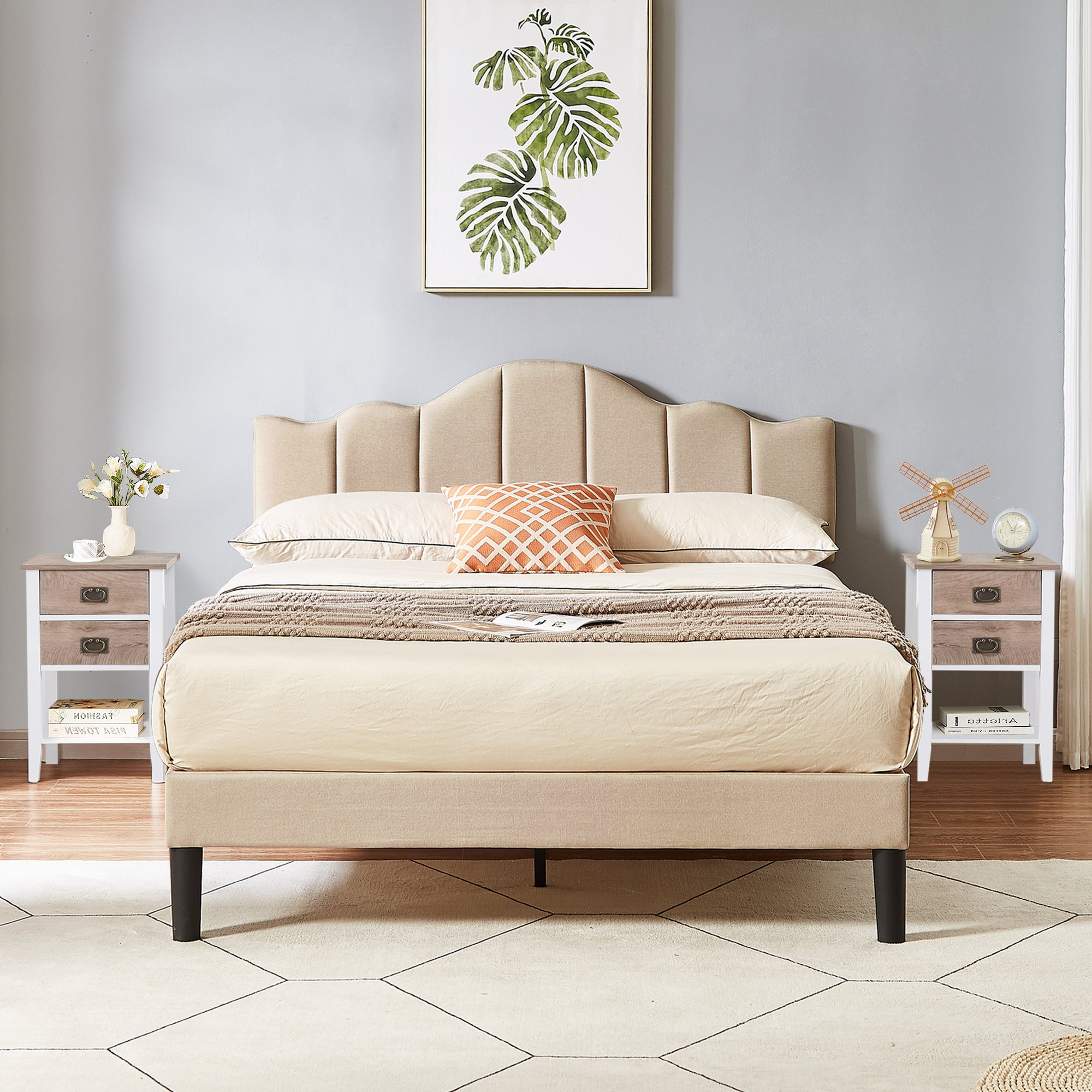 VECELO Queen Size 3-Piece Bedroom Set with Beige Upholstered Bed Frame ...