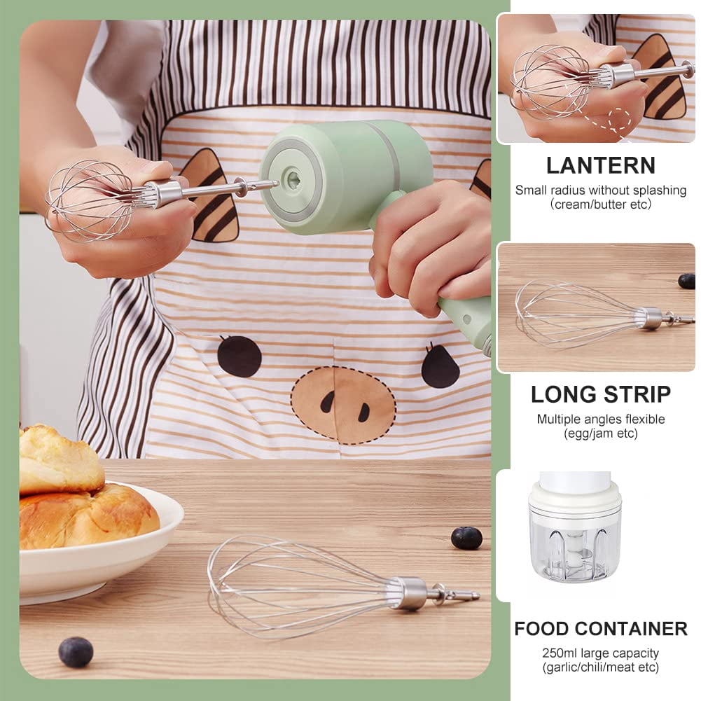Cordless Electric Hand Mixer and Food Chopper 2-in-1 Portable Whisk with 300ml Glass Bowl, Green, 1-Piece