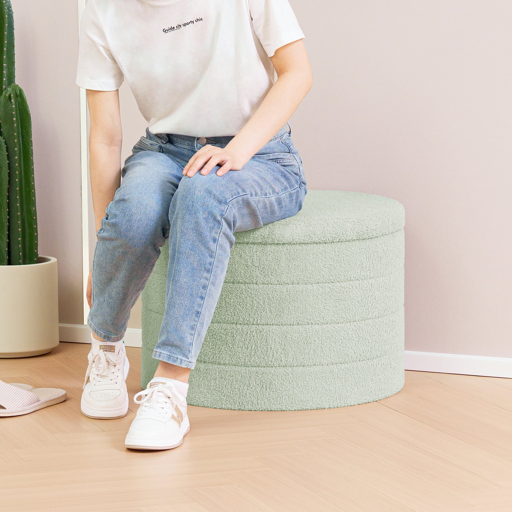 B FSOBEIIALEO Round Storage Ottoman with Tray for Living Room, Perfect for Adults & Kids with Extra Storage Space(Green)
