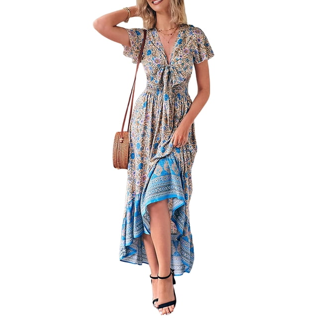 Mujer Verano Vestido Boho Largo Manga Corta V Cuello Irregular Hem Tie Up Vestido Floral Nituyy Vestido Floral Bohemio Cuello V Largo Verano Mujer