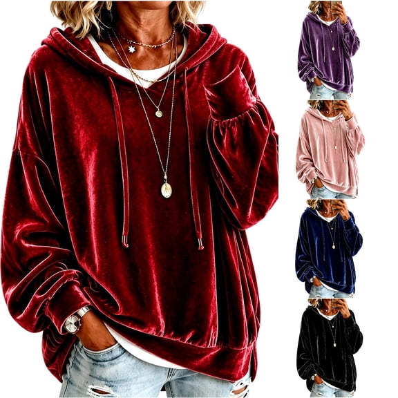 FYDUU Women's Velvet Hoodies Sweatshirt Oversized Hooded Long Sleeve Drawstring Pullover Tops Soft Warm Sweatshirts Fall Clothes
