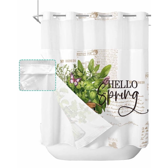 No Hook Shower Curtain with Snap in Liner, Spring Watercolor Vanilla Butterfly Vintage Newspaper Hotel Shower Curtains for Bathroom, Washable Shower Curtain Liner Set with Mesh Top Window, 66"x72"