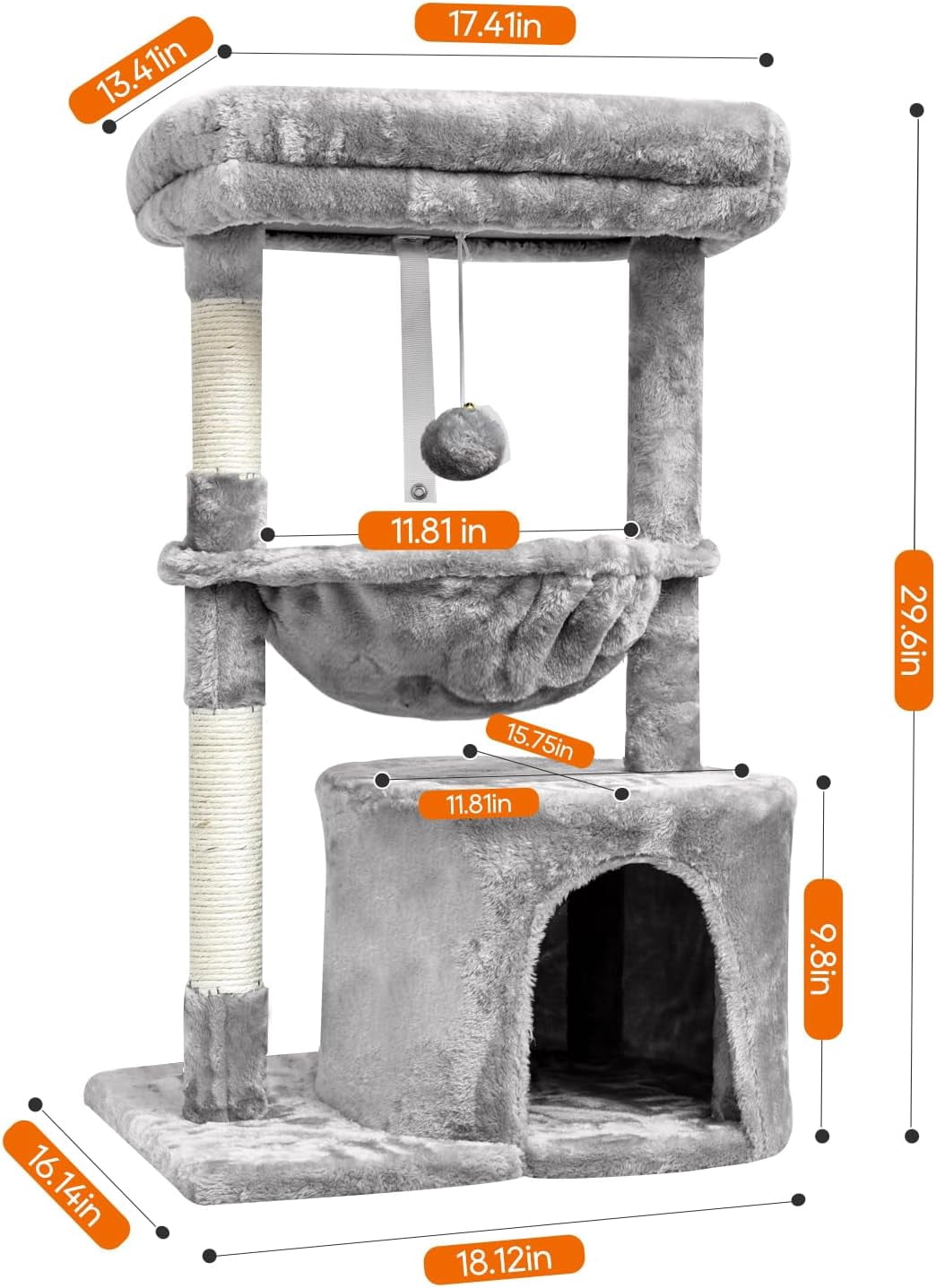 Small Cat Tree for Indoor Cats, Activity Cat Tower with Scratching Post for Kittens, Modern Cat Furniture with Basket & Hanging Ball for Play Rest, Grey