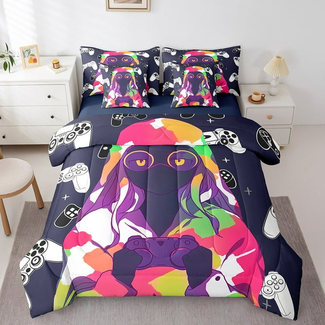 Game Gamepad Bedding Set Full Size,Afro American Girls Comforter Set,Colorful Abstract Gamer (Comforter+Fitted+Flat Sheet+2 Pillowcases+2 Throw Pillow Covers) 7 Pieces Bed Set