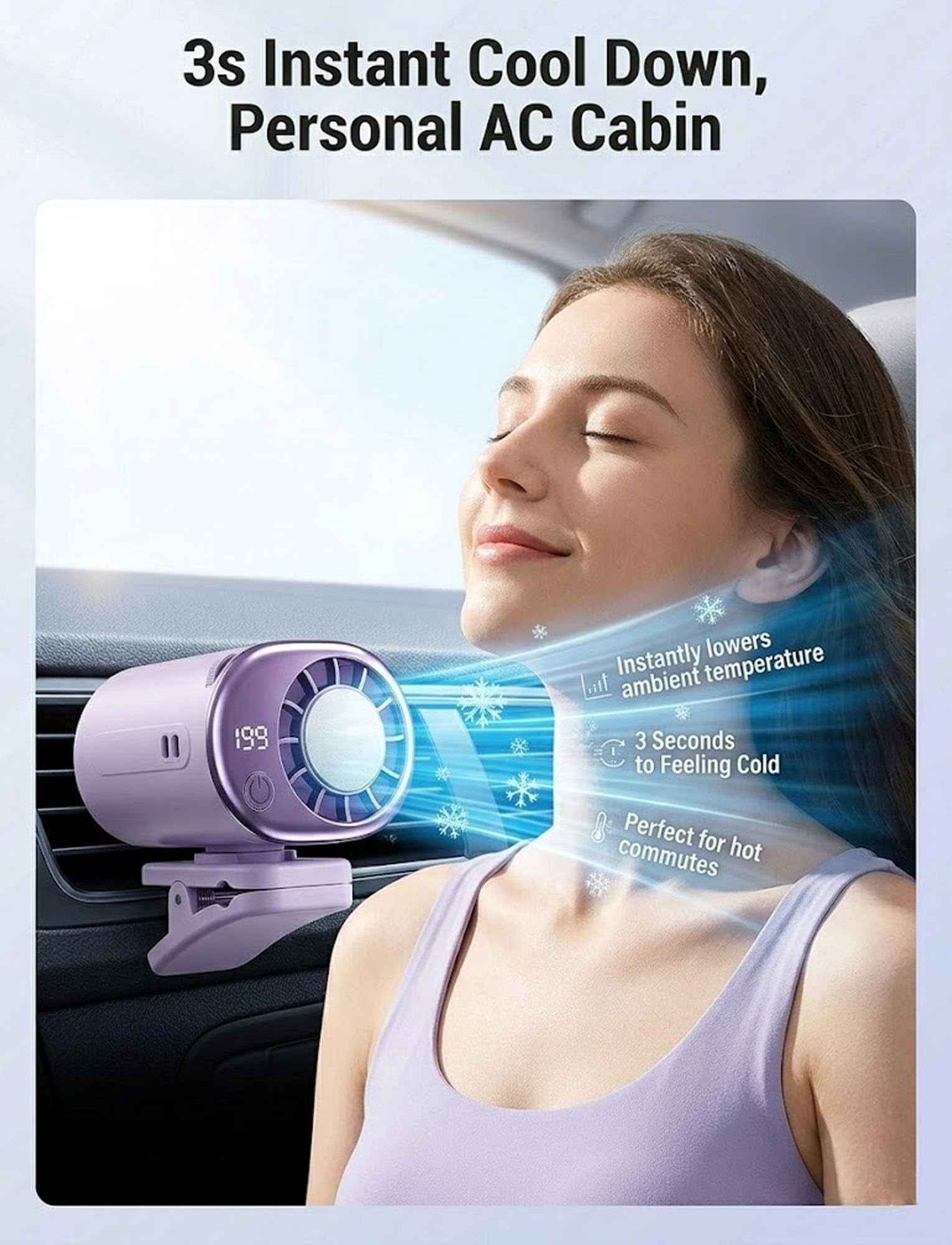 Car Clip On Air Conditioner, 2026 Car Clip On Air Conditioner Fan with LED Display - 360° Rotation, USB Rechargeable, 199 Speeds Adjustable, 16℃ Semi-Cooling Wide Clamp for Any Scenario