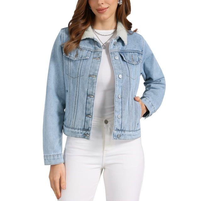 Chaqueta de mezclilla de forro polar para mujeres, abrigo de mezclilla con cuello de piel sintética, chaquetas de camionero S azul claro