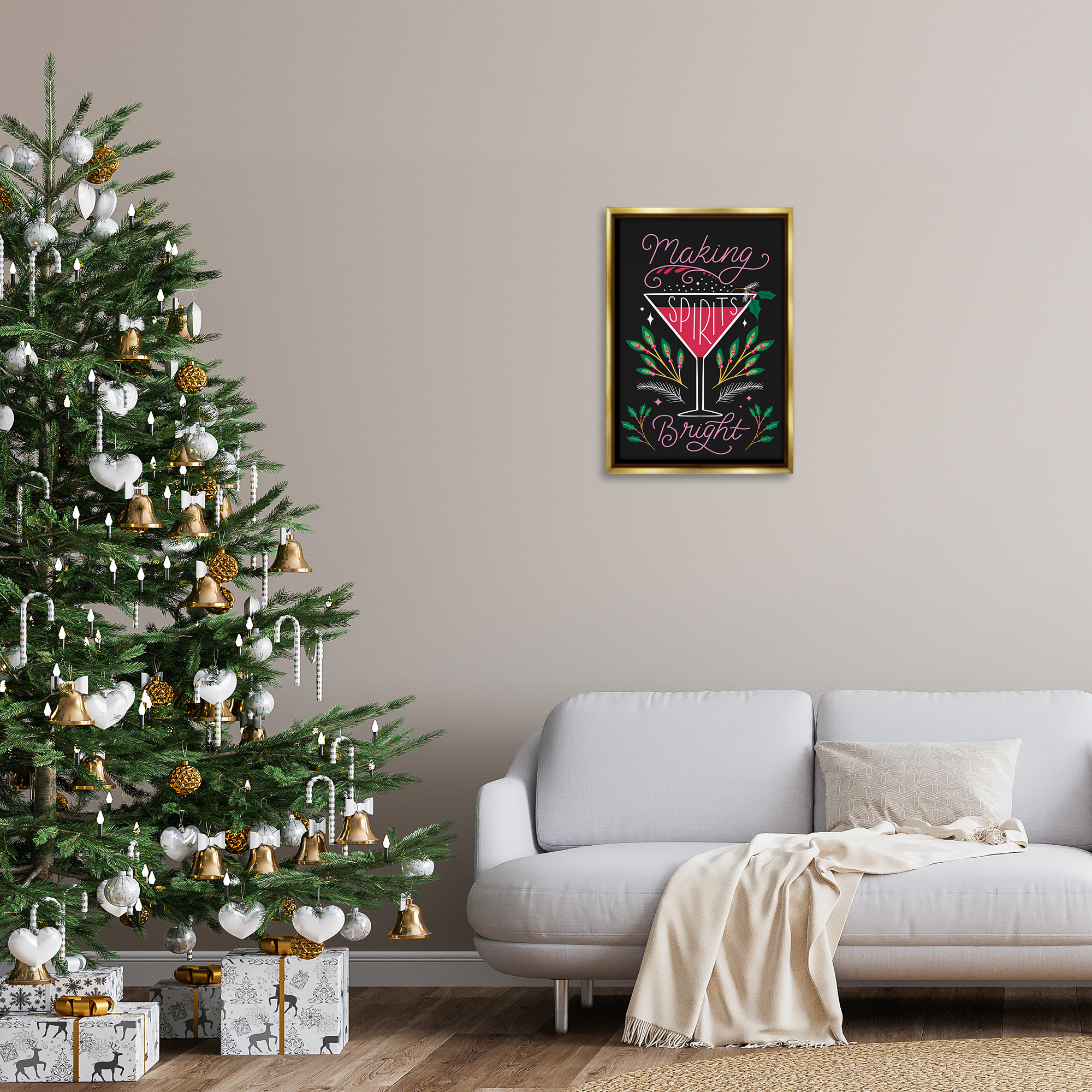 Stupell Industries Making Spirits Bright Martini Holiday Painting Gold Floater Framed Canvas Art Prints Wall Art, 17 x 25