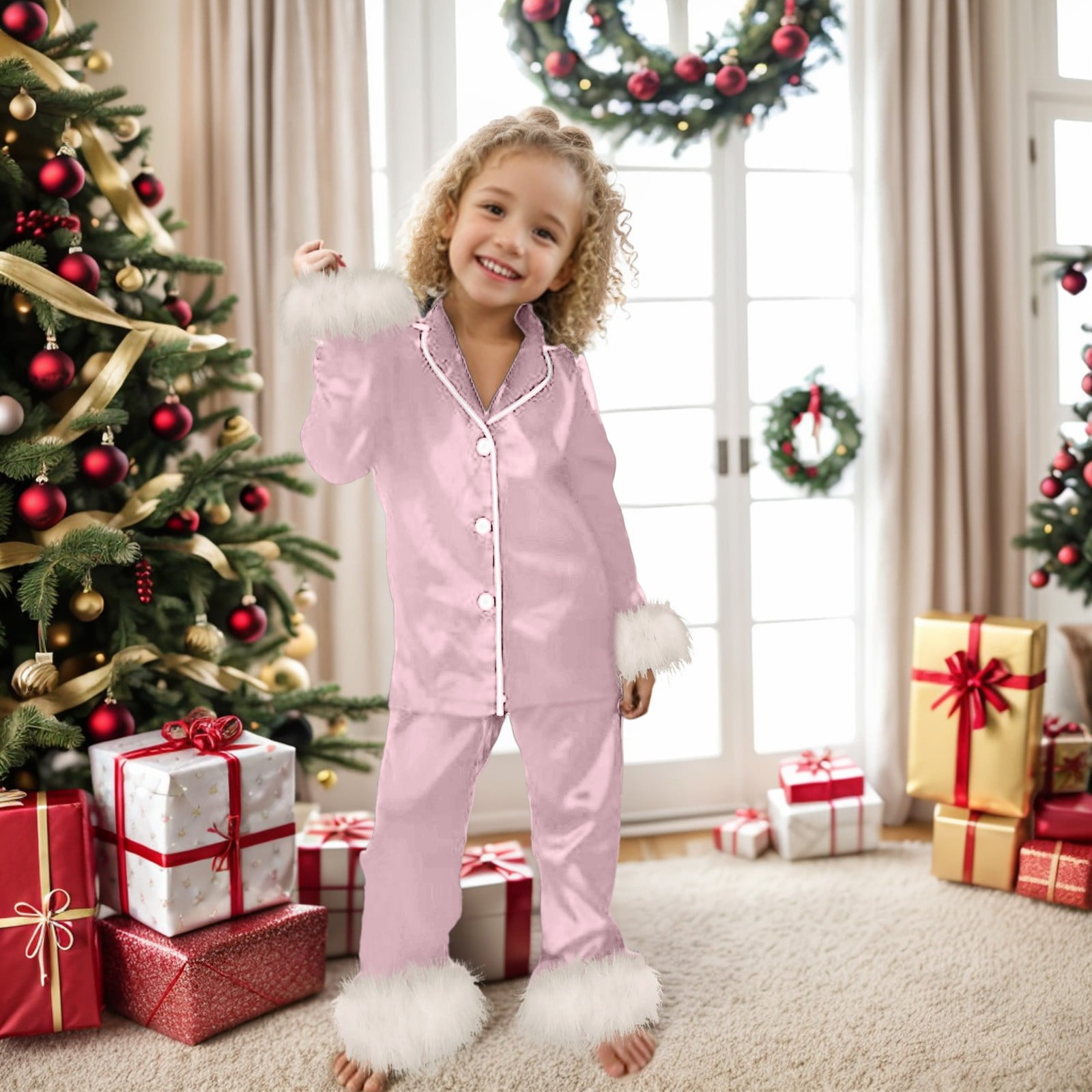 newwalpole Kids Toddler Girl Satin Pajamas Fuzzy Trim Long Sleeve Button Down Shirt Top and Pants 2pcs Pjs Sets Sleepwear Pink for Size 5-6 Years