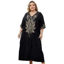 Beach Kaftan Dresses for Women Plus Size Caftan Loungewear Mexican Embroidered Dress Long Beach Tunic Summer Elegant Vacation Outfit Long Sleeve Robe