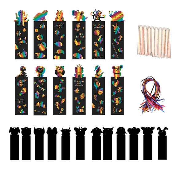 Diy Art Craft Paper Bookmark Set, Wooden Stylus Sticks And Satin Ribbons Included, 24 Pieces Reveal Bright Rainbow Patterns When Scratched, Promote Creativity And Patience In