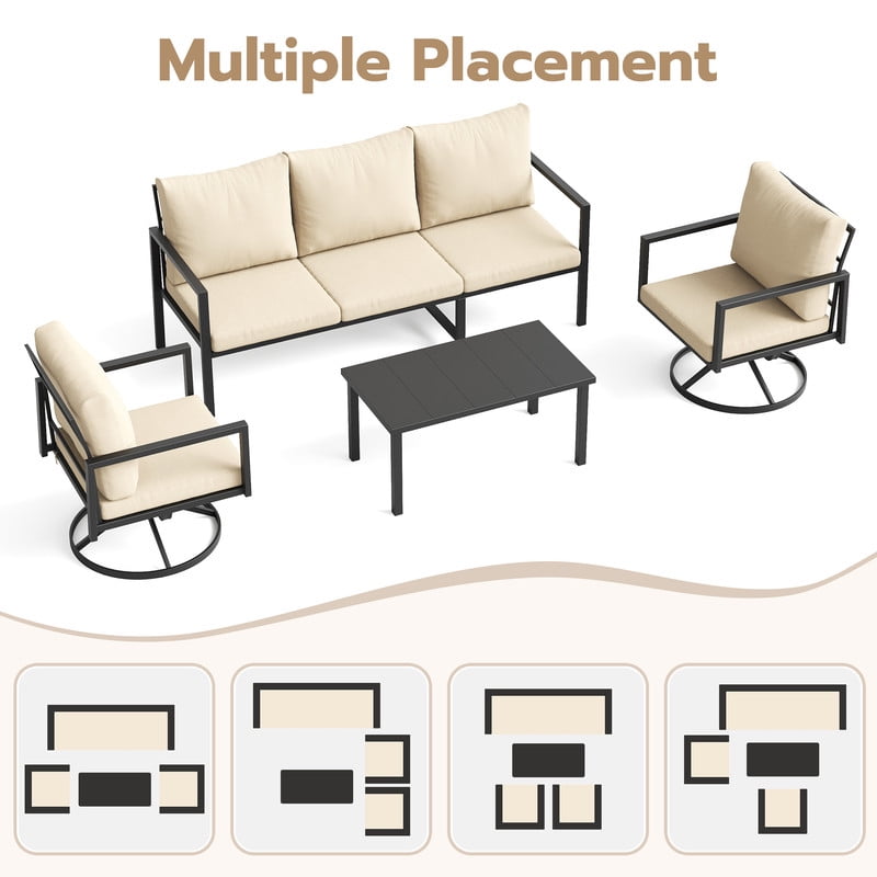 MRUAKA 4-Piece Outdoor Patio Conversation Set, Metal Frame Furniture Sofa with Armchairs & Coffee Table, Weather-Resistant Cushions for Balcony, Deck, Poolside Beige