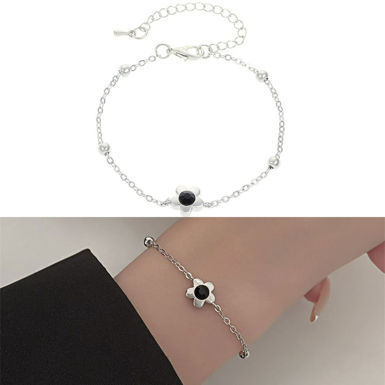 mnjin five petal flower bracelet female adjustable black single diamond  small flower bracelet silver