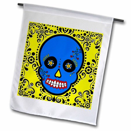 3dRose Day of the Dead Skull Día de los Muertos Sugar Skull Blue Yellow Black Scroll Design - Garden Flag  12 by 18-inch