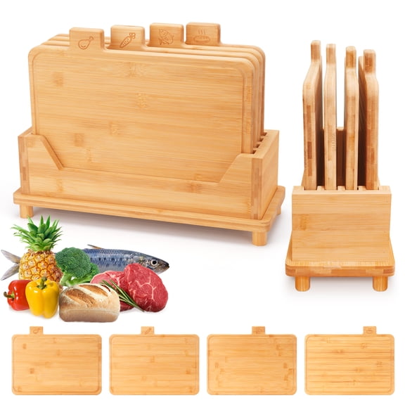 Large Bamboo Cutting Board Set of 4, Wood Cutting Board Set with Holder and Food Icons, Juice Groove Boards for Meat Fish Bread Vegetables, Space-Saving Kitchen Storage
