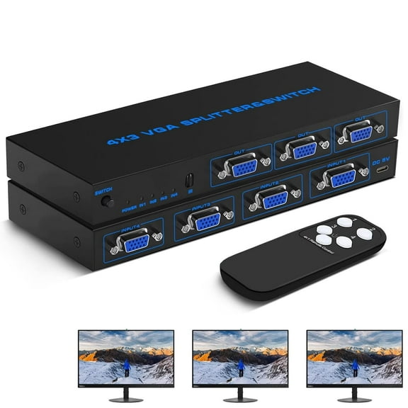 AUBEAMTO VGA Splitter 4 in 3 Out: 4 Port Powered VGA Switch 4 PC to 3 Monitors/Projector with Remote, VGA Video Splitter Box Support 1920x1440 Resolution 200MHz Bandwidth for Screen Duplication