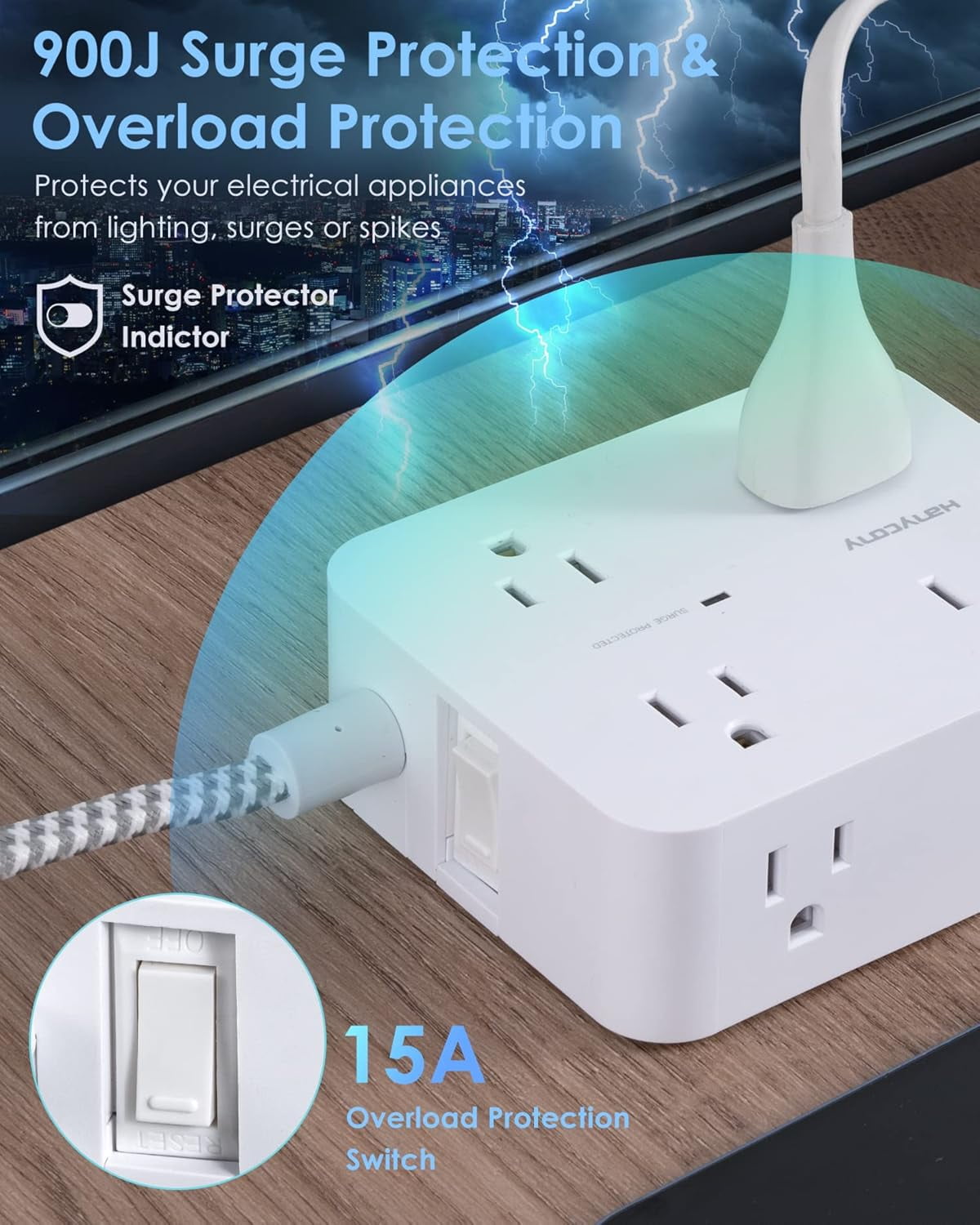 HearthHarmony 6Ft Surge Protector Power Strip with USB C Extension Cord with 8 Outlets(2.2 IN) 4 USB Ports(2 USB C) Flat Plug Wall Mount 3Side Outlet Extender for Home Dorm Room Essentials ETL Listed