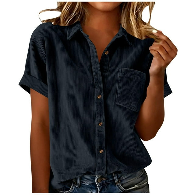 BLVB Womens Short Sleeve Summer Shirts V Neck Collared Button down Corduroy Shirt Tops Outfits for Casual Work with Pocket