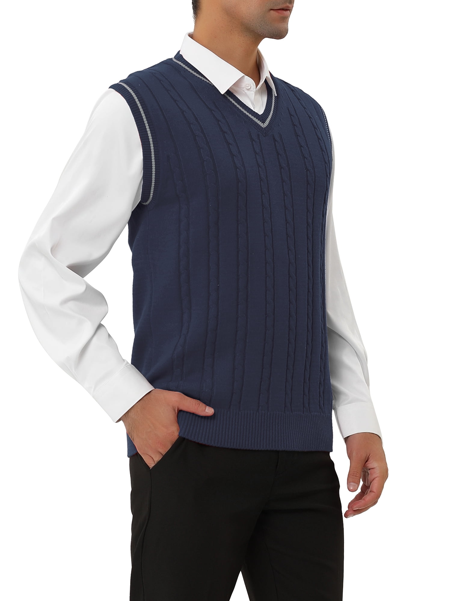 Unique Bargains Men's Classic Knitted Sleeveless V-Neck Pullover Sweater Vest L Navy Blue
