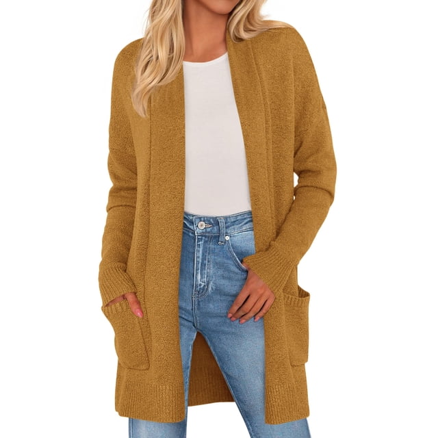 Suéter PRETTYGARDEN Cardigan Largo Amarillo XL con Bolsillos