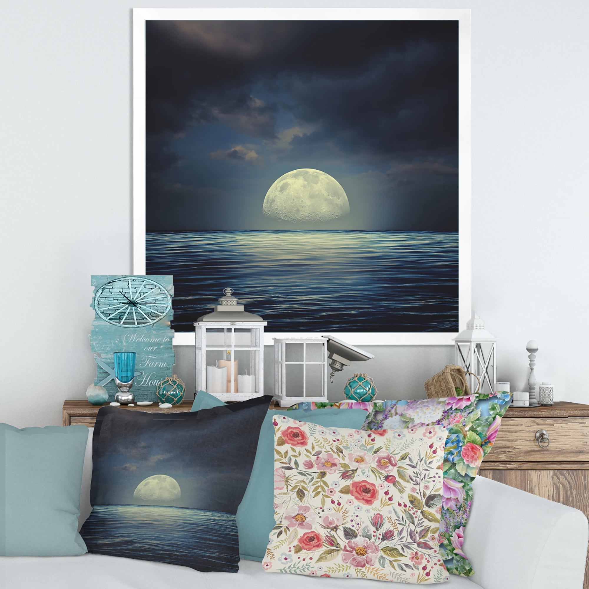 Designart 'Super Moon Over The Blue Sea' Nautical & Coastal Framed Art Print