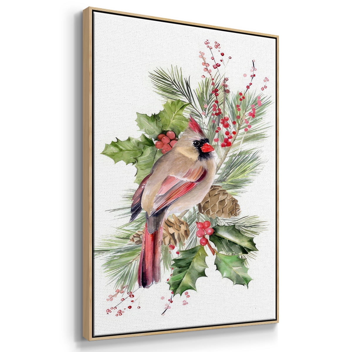 Cardinal Holly Christmas Collection B - Framed Gallery Wrapped Holiday Canvas - 25 x 37 - Natural Wood Frame