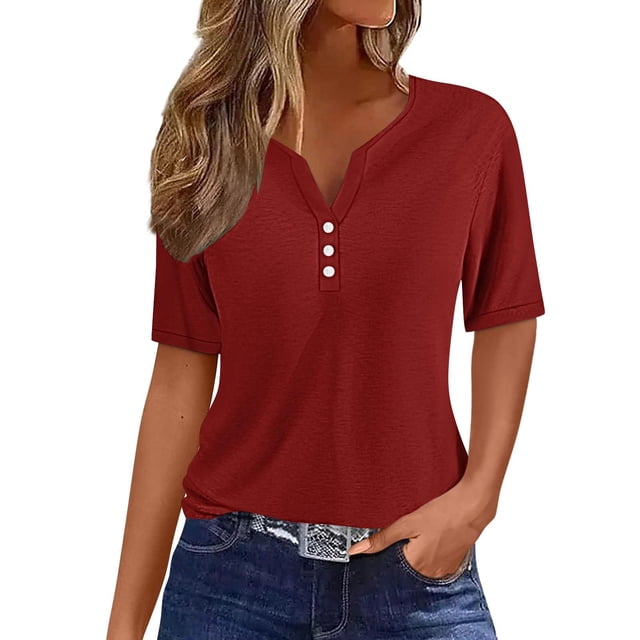 Yuyuzo Womens Summer Tops Notch V Neck Button Tunic Tops Short Sleeve Loose Summer Basic Tee Shirts